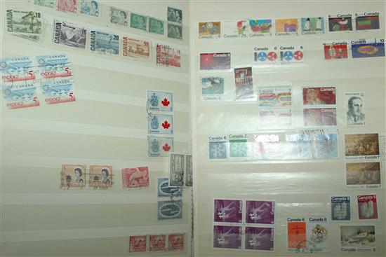 STAMPS, inc 4 stock books of QEII (many mint), one Canada, GB packets and 6 mint sheets of GB Football League Covers